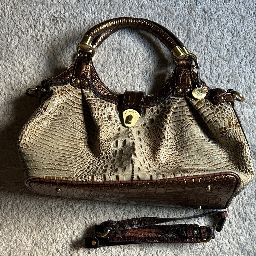 Brahmin Elisa Crocodile-Embossed Satchel in Brown and Cream purse